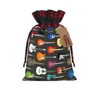Color Acoustic And Guitars Christmas Drawstring Linen Gift Bag Paired With Scottish Plaid Fabric, With A Delicate And Simple Texture