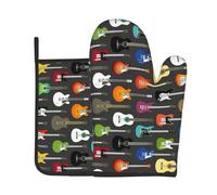 Color Acoustic And Guitars Oven Gloves And Pot Holder 2 Pc Set For Kitchen Cooking,Print Thick Cotton Heat Resistant, Non-Slip