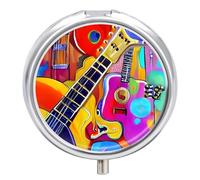 Color Acoustic and Guitars Pill Box - 3 Compartment, Round Metal Pill Case with Mirror, Portable Medicine Holder for Purse/Wallet/Travel