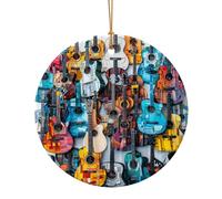 Color Acoustic and Guitars Print Round Flat Hanging Ornaments for Christmas Winter New Year Party Hanging Decorations