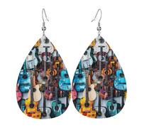 Color Acoustic and Guitars Printed Water Drop Earrings, Lightweight Leather Teardrop Dangle for Date and Party