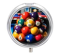 Color Billiards Pill Box 3 Compartment Round Metal Pill Organizer Portable Mini Travel Medicine Case with Mirror Cute Medicine Container Holder for Pocket Purse