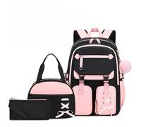 Color-block Girls Backpack with Lunch Box Pencil Case Set Girls Schoolbag Kids Bookbag Elementary Middle School, Black+Pink