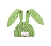 Color Block Knit Beanie Hats Cute Bunny Long Ears Grunge Hat Fluffy Winter Cap Warm Knit Rabbit Crochet Hat, Green-2, One Size