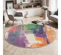 Color Blocks Canvas Texture Round Area Rug, Soft Washable Non-Slip Abstract Expressionism Circle Rug for Bedroom, Low-Pile Non Shedding Purple Carpet 100cm, for Entryway Sofa Living Room Bathroom