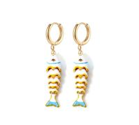 Color Boho Fish Earring for Women, Gold Huggie Hoops Dangle Colorful enamel Summer Beach 3D Stereo Tiny Fish Drop Earrings Ocean Minimalist Statement Jewelry Gift, 1.5*0.8, Copper, Cubic Zirconia