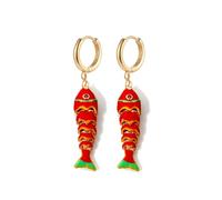 Color Boho Fish Earring for Women, Gold Huggie Hoops Dangle Colorful enamel Summer Beach 3D Stereo Tiny Fish Drop Earrings Ocean Minimalist Statement Jewelry Gift, 1.5*0.8, Copper, Cubic Zirconia