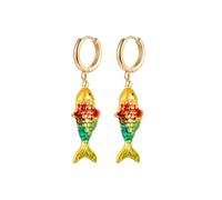 Color Boho Fish Earring for Women, Gold Huggie Hoops Dangle Colorful enamel Summer Beach 3D Stereo Tiny Fish Drop Earrings Ocean Minimalist Statement Jewelry Gift, 1.5*0.8, Copper, Cubic Zirconia