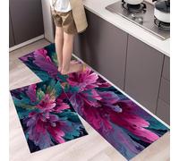 Color Burst Kitchen Rug Sets, 2 Piece Non Slip Kitchen Mats Modern Acrylic Painting Style Runner Set with Rubber Backing Super Absorbable Washable Floor Mats 40x60cm+40x120cm Blue
