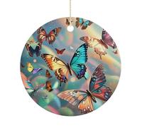 Color Butterfly Background Double-Sided Ceramic Christmas Ornaments - Round Hanging Mini Xmas Tree Decorations, Ideas for Farmers, Rustic Home Decor for Indoor Outdoor Tree Decor
