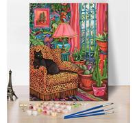 Color by Number for Adults Beginner, Paint by Numbers Kit for Adults - Colorful Room with Black Cat Sitting on Leopard Print Chair, DIY Art Painting Kits for Home Decor, 16x20 Inch