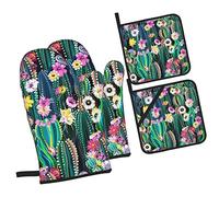 Color Cacti Flower Fansmall Black and WhiteMushroom Oven Mitts and Pot Holders Sets of 4,NonSlip Heat Resistant Oven Gloves for Baking Cooking Grilling BBQ