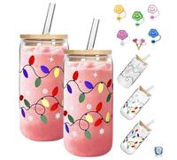 Color Changing Christmas Cup, Furtheran Cute Glass Cup, Bamboo Leakproof Mason Jars Lid & Steel Straw, Reusable Travel Mug for Iced Coffee, Smoothie, Cocktail, Xmas Tumbler(#A*2,500ML)