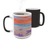 Color Changing Mug Heat Sensitive Ceramic Coffee Cups Sunlit Beach & Starfish Novelty Heat Activated Cup 11 Oz Magic Mug for Office Home Use, Unique Gift Idea for Coffee Tea Drinkers