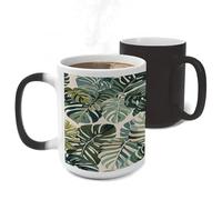Color Changing Mug Heat Sensitive Ceramic Coffee Cups White Ed Tropical Botanical Leaves Novelty Heat Activated Cup 11 Oz Magic Mug for Office Home Use, Unique Gift Idea for Coffee Tea Drinkers