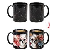 Color Changing Mug, Sugar Skull Heat Activated Coffee Cup with Floral Design, 11oz Ceramic Gift for Day of The Dead Celebrations and Unique Presents