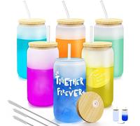 Color Changing Sublimation Glass Cups with Lids and Straws,16oz Frosted Sublimation Glass Can,Glass Cup with Bamboo Lid and Straw,Beer Can Glasses/iced Coffee Tumbler/Soda Drinking Cup,Funny Gifts