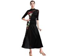 Color Contrast Floral Ballroom Dress for Woman Waltz Dance Costumes Spanish Flamenco Dress Black XXL