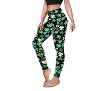 color cosplayer St. Patrick's Day Leggings for Women High Waist Printed Pants Holiday Tights Plus Size, Green White Clover Leaves, Large