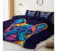 Color Cute French Bulldog Bedding Set, Reversible Printing Duvet Cover Set 90 × 86" Cosy Quilt Cover With Pillowcases For Kids Teens Adults King Size, Machine Washable, Midnight Purple