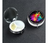 Color Explosion Pill Box with Mirror 3 Compartment Decorative Pill Case for Purse or Pocket Small Round Pill Organizer Weekly Metal Medicine Tablet Vitamin Holder Travel Gift