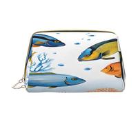 (Color Fish in The sea) Print Pu Leather Makeup Bag with Zipper Pocket Compact Organizer for Travel/Purse