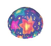 Color Five Pointed Star Printed Pattern Shower Cap & Bath Cap, Double Protection& Elastic, Reusable Waterproof Hair Cap With Peva Lining