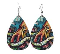Color Graffiti Octopus Earrings for Women Faux Leather Earring Teardrop Dangle Earrings Lightweight Jewelry Gift