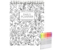 Color-In Spiral Notebook & Daily Planner,Aesthetic Pretty Floral Design Journal,Ndated Notepad Day Planner Set,Weekly&Daily Organizer Notebooks for Plan Work Schedule,with 15 Colo Pens (DAILI PIANER)