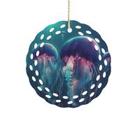 Color Jellyfish Ceramic Christmas Ornaments 3 Inch Round Double-Sided Xmas Tree Decorations Pendant with Gold Ribbon for Home Holiday Decor, Gift for Family & Friends