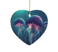 Color Jellyfish Ceramic Christmas Ornaments Personalized Heart Porcelain Hanging Pendant Double-Sided Printing Xmas Tree Ornament for Holiday Keepsake Gifts 3 Inch