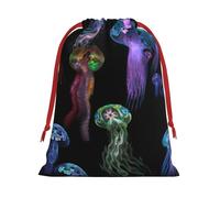 Color Jellyfish Print Christmas Drawstring Gift Bags, Xmas Holiday Fabric Gift Wrapping Bag For Party, Size-L
