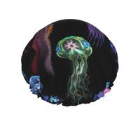 Color Jellyfish Print Shower Cap, Lined Shower Cap For Women Reusable, Double Layer Waterproof Bath Cap