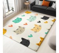 Color Large Area Rugs 140 x 200 cm, Cartoon Heart Pattern Cat, Machine Washable Short Pile Carpet, Anti-Slip Moisture Barrier Fluffy Rug for Bedroom Living Room Kitchen Indoor Decor Carpet