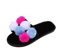 Color Matching Pompom Fluffy Slippers for Women Open Toe Faux Fur Sliders | Thick Cosy Non-Slip House Shoes , LadiesIndoor Winter Warm Plush Slippers,Soft Fuzzy Mule Slipper Non-Slip Sole for Comfort