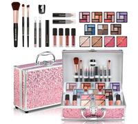Color Nymph Starter Makeup Kit for Tweens Girls, Train Case for Women Full Kit with Eye Shadow, Lipstick, Blush, Brushes, Lipgloss, Mascara, Brow Wax and Mirror Pink Full Starter Cosmetics Set