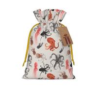 Color octopus print Christmas bag, drawstring sack, with kraft paper label, lightweight and fashionable