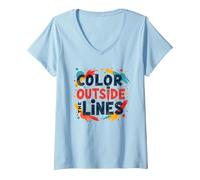 Color Outside The Lines Artistic Inspirational Quote V-Neck T-Shirt, Women, Baby Blue, M