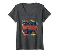 Color Outside The Lines Artistic Inspirational Quote V-Neck T-Shirt, Women, Dark Heather Grey, XXL
