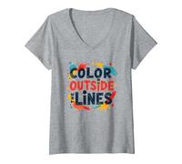 Color Outside The Lines Artistic Inspirational Quote V-Neck T-Shirt, Women, Heather Grey, L