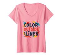 Color Outside The Lines Artistic Inspirational Quote V-Neck T-Shirt, Women, Pink, S