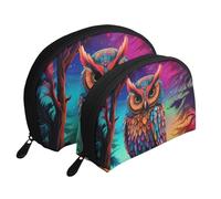 Color Owl Pattern Portable Shell Makeup Bag Set (2 Pieces), Zippered Travel Toiletry Bag For Cosmetics