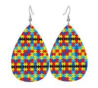 Color Puzzle Autistic Disorder Pattern Leather Earrings For Women Dangle Earring Drop Pendant With Hook Gifts For Adult Girl