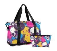 Color Record Rock Skull Large Travel Duffel Luggage Carry On Weekend Bag with Adjustable Strap for Sports Waterproof, Color record Rock Skull, One Size