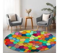 Color Round Area Rug 160 cm, Vibrant Geometric Color Block Patterns Washable Circle Rugs Bedroom Round Area Rug Short Pile Anti Slip Carpet for Dining Room Kids Room Hallway