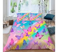 Color Stripes King Size Duvet Cover Sets Butterfly Pattern Bedding Set 3 Piece for Bedroom Bed Decor Soft Microfiber 3D Printed Quilt Cover 220x230 cm with Zipper Closure und 2 Pillowcases F-185