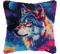 Color Wolf Under Moon DIY Latch Hook Kits Pillow with Printed Canvas Cushion Crochet Yarn Embroidery Hook and Latch Kit Pillowcase Christmas Decor 43x43cm