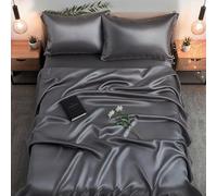 Colorado Home Co - 4PC Mulberry Silk Bed Sheets Set - 100% Silk Sheets, Flat Sheet, Deep Pocket Full Fitted Sheet, Silk Pillowcase 2 Pack Envelope Closure Twin Set, King Size Bedding Sets - Charcoal