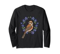 Colorado Lark Bunting Bird Surrounded By Blue Columbine Long Sleeve T-Shirt
