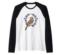 Colorado Lark Bunting Bird Surrounded By Blue Columbine Raglan Baseball Tee